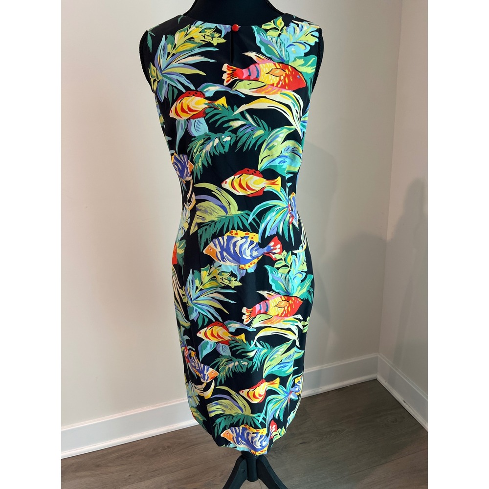 Maggy London Petite 100% Silk Tropical Fish Sheath Dress Black Sleeveless 12P